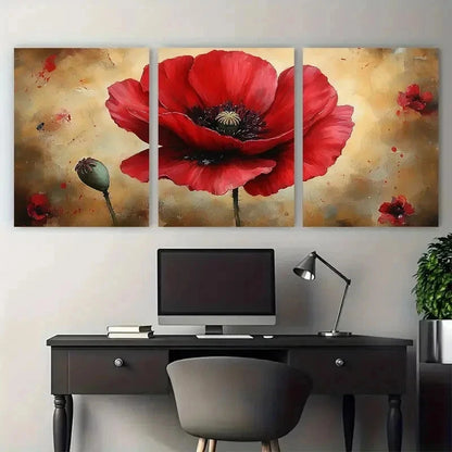 3pcs Deep Red Poppy Floral Decor Perfect Wall Art Set Canvas Framed 50x70cm - High Quality Print 100% Australian Made Wall Canvas Ready to Hang - Bella Home Decor
