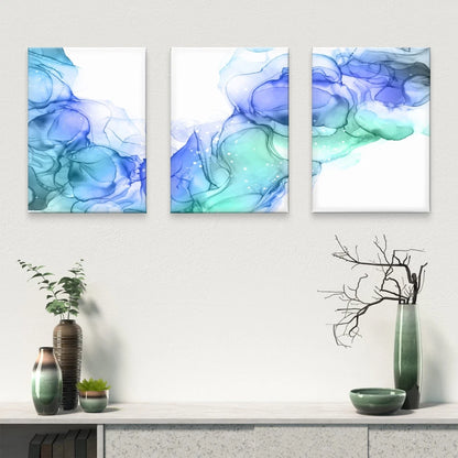 3pcs Blue and Green Alcohol Ink Modern Fluid Wall Art Set Canvas Framed 50x70cm - High Quality Print 100% Australian Made Wall Canvas Ready to Hang