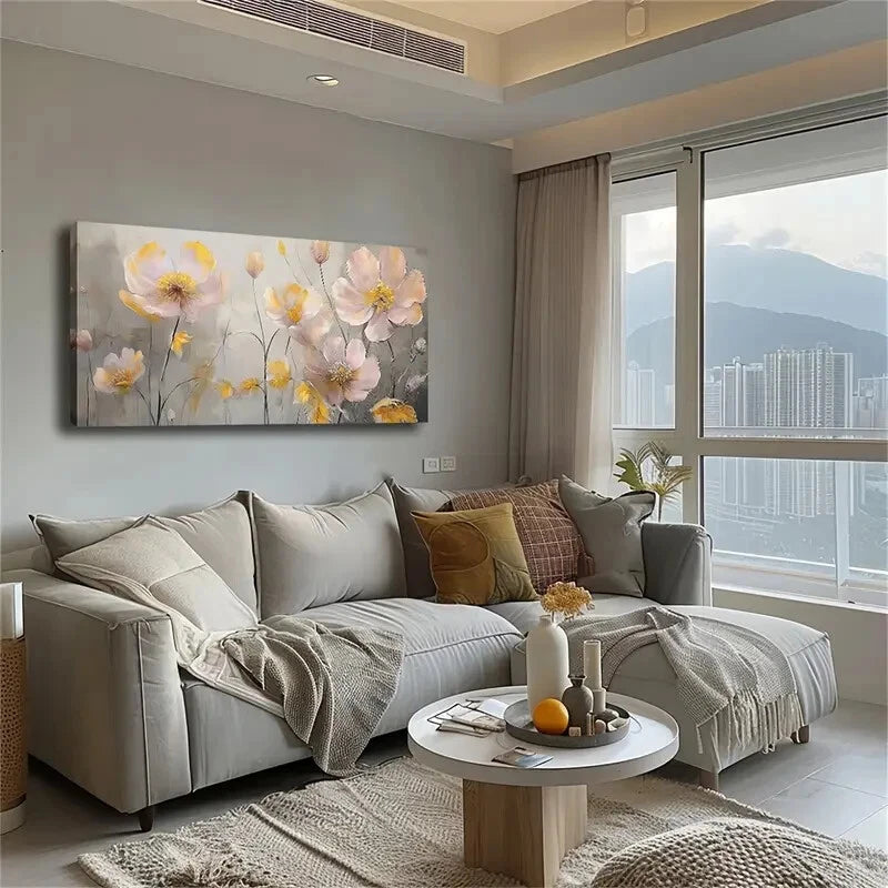 Yellow Flowers On Gray BG Wall Art Canvas Office Home Room Framed 120x60cm - Bella Home Decor