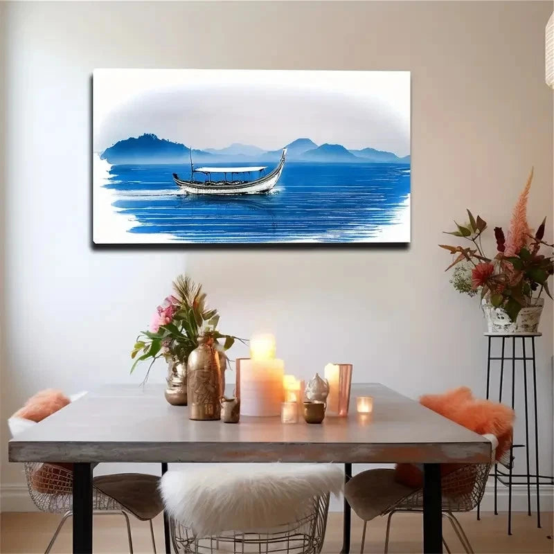 Boat On Blue Water Modern Wall Art Canvas Office Home Room Framed 120x60cm