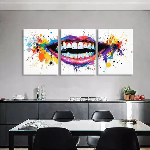 3pcs Abstract Colorful Lips and Teeth Wall Art Canvas Unframed - High Quality Print 100% Australian Made Wall Canvas - Bella Home Decor
