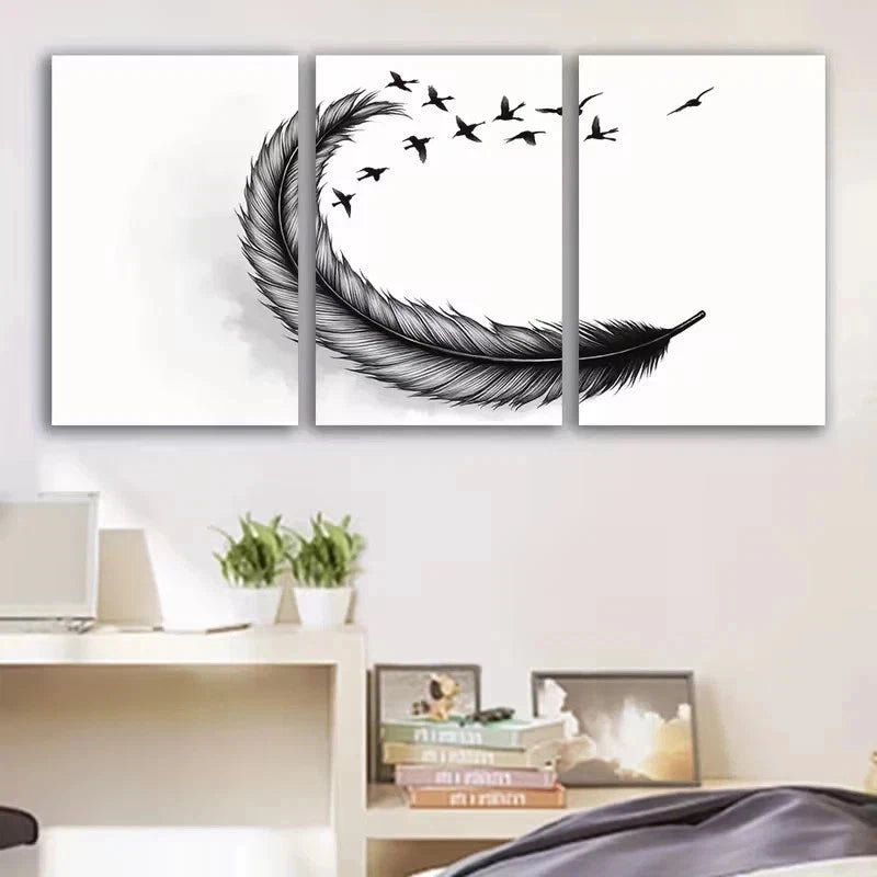 3pcs Black and white Feather painting Metal Print Ready to Hang Art - Bella Home Decor