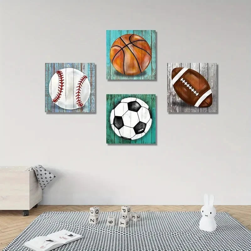 4pcs  Boys Room Sports Decor Wall Art Canvas Framed