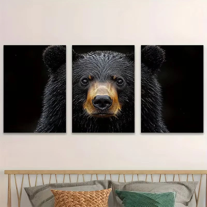 3pcs Realistic Bear Face with Golden Accents Metal Print Ready to Hang Art