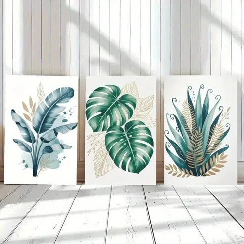 3pcs Leaves, Golden Accents Wall Art Canvas Unframed - High Quality Print 100% Australian Made Wall Canvas