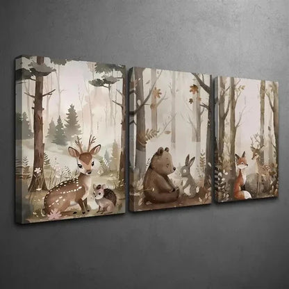 3pcs Cartoon Style Deer Bear & Squirrel Wall Art Canvas Unframed - High Quality Print 100% Australian Made Wall Canvas - Bella Home Decor