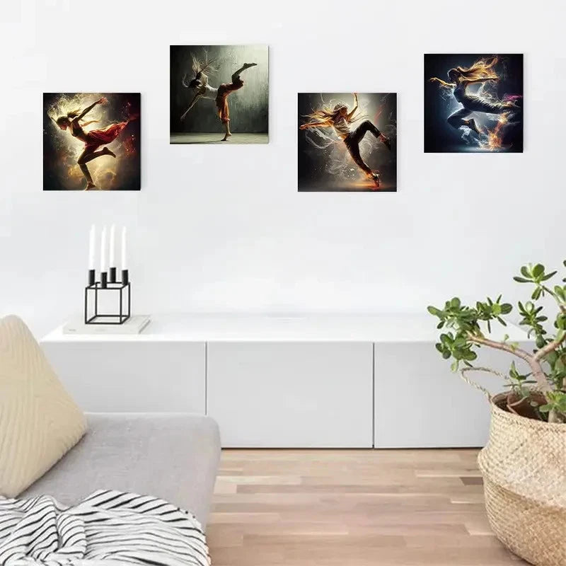 4pcs Vibrant Abstract Dancers In Flames Design Wall Art Canvas Framed