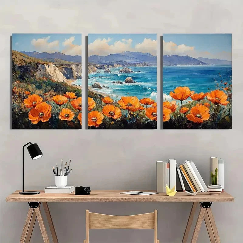 3pcs California Poppy & Big Sur Coast Perfect Wall Art Set Canvas Framed 50x70cm - High Quality Print 100% Australian Made Wall Canvas Ready to Hang - Bella Home Decor