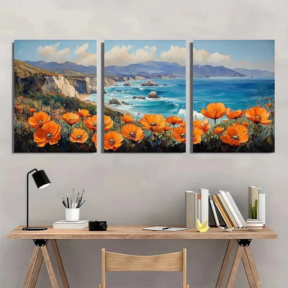 3pcs California Poppy & Big Sur Coast Perfect Wall Art Set Canvas Framed 50x70cm - High Quality Print 100% Australian Made Wall Canvas Ready to Hang - Bella Home Decor