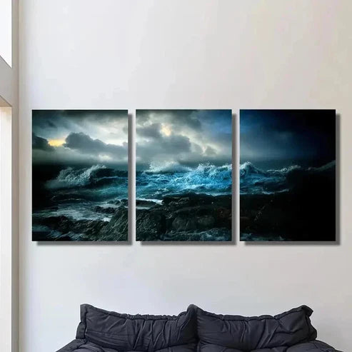 3pcs Amazing Deep Ocean Waves at Night Wall Art Set Canvas Unframed - High Quality Print 100% Australian Made Wall Canvas - Bella Home Decor