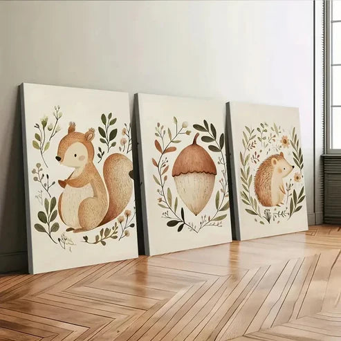 3pcs Squirrel Hedgehog Acorn Green Leaves Tail Wall Art Canvas Unframed - High Quality Print 100% Australian Made Wall Canvas