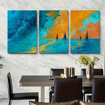3pcs Golden Sunset Ocean Abstract Paint Perfect Wall Art Set Canvas Framed 50x70cm - High Quality Print 100% Australian Made Wall Canvas Ready to Hang - Bella Home Decor