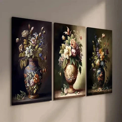 3pcs Artistic Painting of Flowers in Vase Wall Art Set Canvas Unframed - High Quality Print 100% Australian Made Wall Canvas - Bella Home Decor