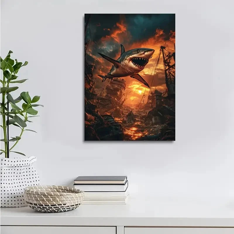 Steampunk Shark Wrestling Glowing Sunset Sky Painting 40x60cm Metal Print Ready to Hang - Bella Home Decor