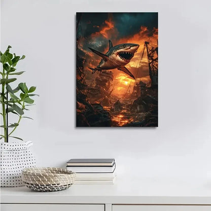 Steampunk Shark Wrestling Glowing Sunset Sky Painting 40x60cm Metal Print Ready to Hang - Bella Home Decor