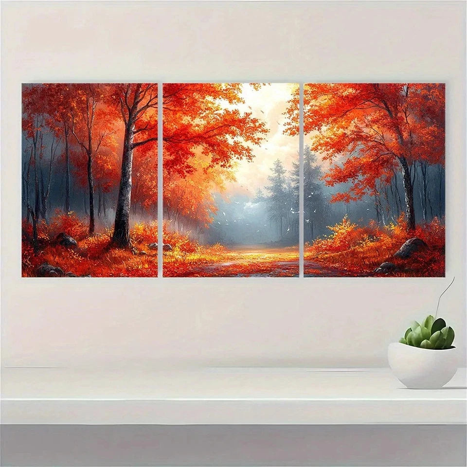 3pcs Autumn Forest Red & Orange Leaves Wall Art Set Canvas Framed 60x90cm - High Quality Print 100% Australian Made Wall Canvas Ready to Hang - Bella Home Decor