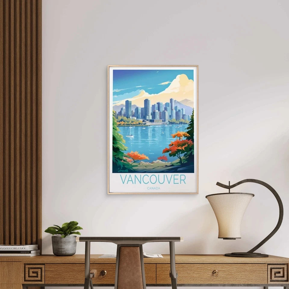 Vancouver Canada, Skyscraper & Lake View Travel Poster Print Wall Art - Bella Home Decor
