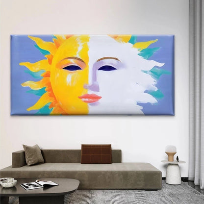 Sun/Moon Face Painting Wall Art Canvas Office Home Room Framed 120x60cm