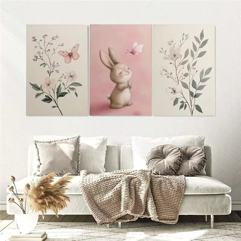 3pcs Bunnies and Butterflies Paintings Wall Art Set Canvas Framed 50x70cm – High Quality Print, 100% Australian Made, Ready to Hang - Bella Home Decor