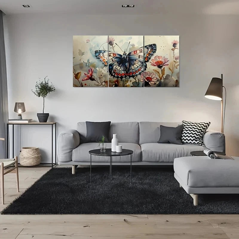 3pcs Vibrant Blue Butterfly Orange Flowers Metal Print Ready to Hang Art - Bella Home Decor
