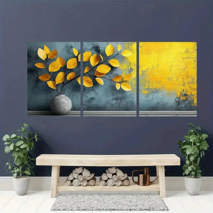 3pcs Vibrant Yellow & Blue Leaf Botanical Metal Print Ready to Hang Art - Bella Home Decor