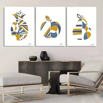 3pcs Mustard Yellow and Blue Geometric Fruit   Wall Art Set Canvas Framed 40x60cm - High Quality Print 100% Australian Made Wall Canvas Ready to Hang