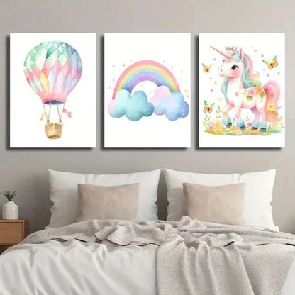 3pcs Cute Pink Unicorn Flowers And Butterflies Wall Art Set Canvas Unframed - High Quality Print 100% Australian Made Wall Canvas - Bella Home Decor