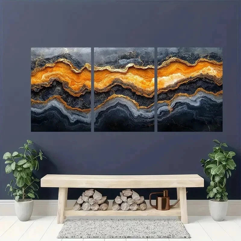 3pcs Modern Abstract Golden Marble Design Wall Art Set Canvas Framed 60x90cm - High Quality Print 100% Australian Made Wall Canvas Ready to Hang - Bella Home Decor