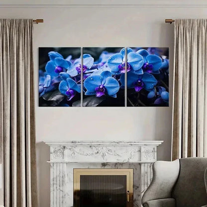 3pcs Blue Phalaenopsis Flowers with Dewdrops Wall Art Canvas Unframed - High Quality Print 100% Australian Made Wall Canvas - Bella Home Decor