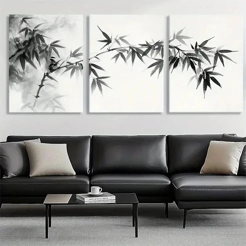 3pcs Bamboo Branch Black and White Perfect Wall Art Set Canvas Unframed - High Quality Print 100% Australian Made Wall Canvas - Bella Home Decor