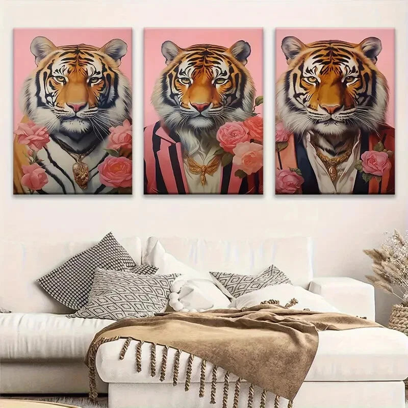 3pcs Vibrant Tiger Stylish Pink Roses Metal Print Ready to Hang Art - Bella Home Decor