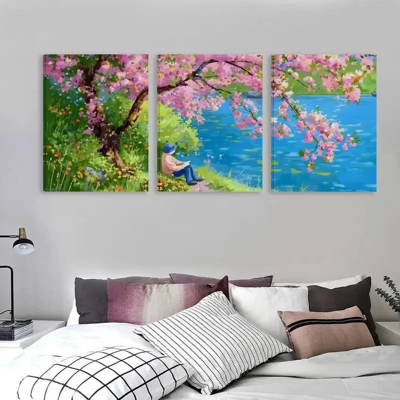 3pcs A Peaceful Afternoon Under The Blossoms Wall Art Set Canvas Framed 40x60cm - High Quality Print 100% Australian Made Wall Canvas Ready to Hang - Bella Home Decor