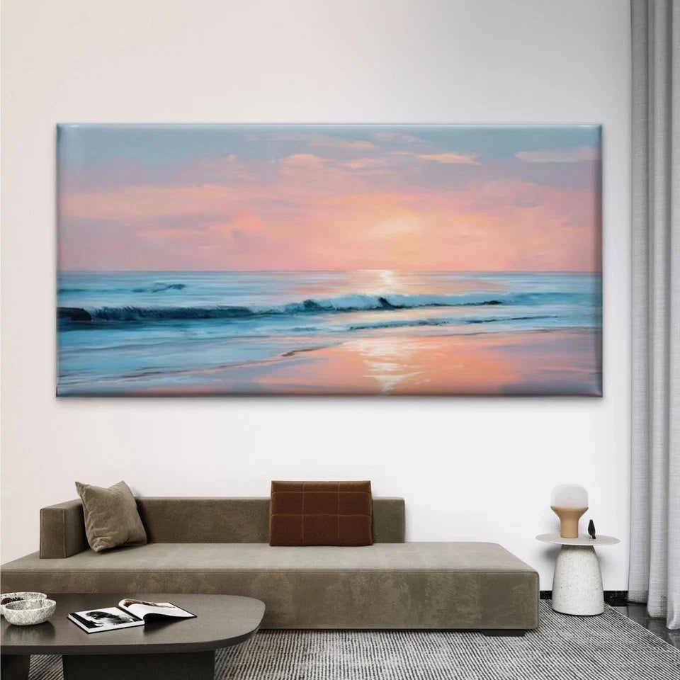 Turquoise & Pink Ocean Waves Wall Art Canvas Office Home Room Framed 120x60cm