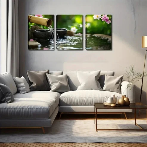 3pcs bamboo flow blooming flowers next to water Wall Art Canvas Unframed - High Quality Print 100% Australian Made Wall Canvas