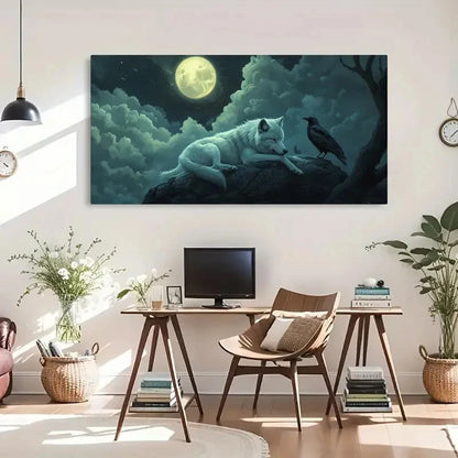 Moonlit Night Sky White Wolf Wall Art Canvas Office Home Room Framed 120x60cm - Bella Home Decor
