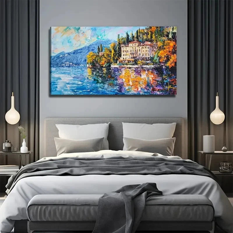 Mountain Building Lake Wall Art Canvas Office Home Room Framed 120x60cm