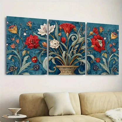3pcs Vintage Indian Floral Print Wall Art Set Canvas Framed 40x60cm - High Quality Print 100% Australian Made Wall Canvas Ready to Hang