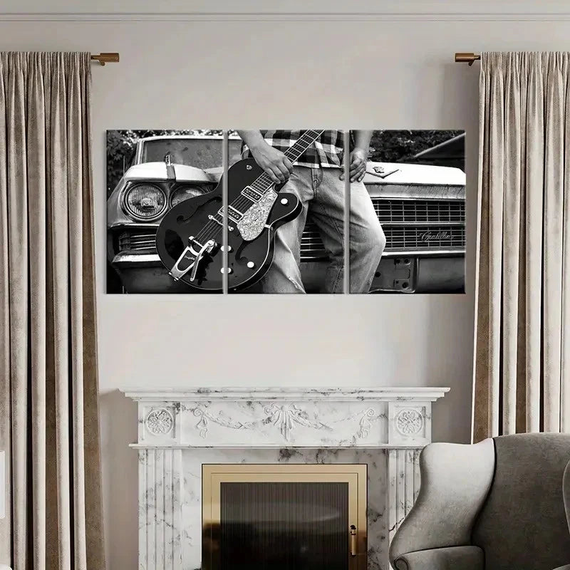 3pcs Black & White Guitar & Musical Instrument Wall Art Set Canvas Framed 60x90cm - High Quality Print 100% Australian Made Wall Canvas Ready to Hang - Bella Home Decor