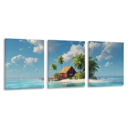 3pcs Overwater Bungalow & Palm Tree Beach Scene  Wall Art Set Canvas Framed 40x60cm - High Quality Print 100% Australian Made Wall Canvas Ready to Hang