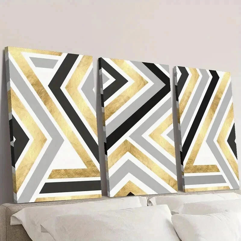 3pcs Gold Black & Gray Artistic Lines Wall Art Set Canvas Framed 40x60cm - High Quality Print 100% Australian Made Wall Canvas Ready to Hang