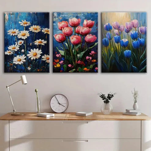 3pcs Exquisite And Charming Floral Blue Red Sun Wall Art Set Canvas Unframed - High Quality Print 100% Australian Made Wall Canvas