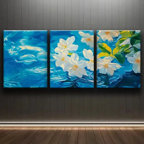 3pcs White Blossoms & Blue Leaves Nature Perfect Wall Art Set Canvas Unframed - High Quality Print 100% Australian Made Wall Canvas