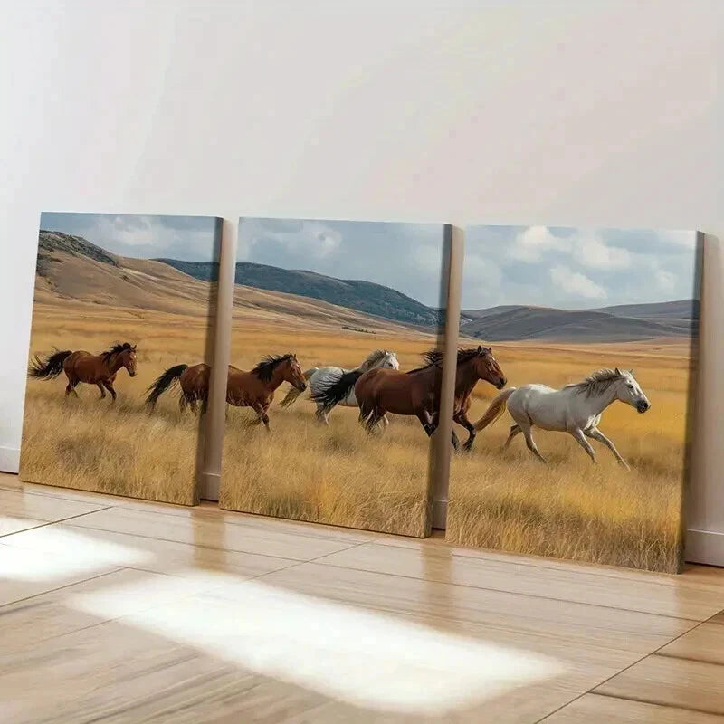 3pcs Galloping Horses In Golden Field Landscape Wall Art Set Canvas Framed 50x70cm - High Quality Print 100% Australian Made Wall Canvas Ready to Hang - Bella Home Decor