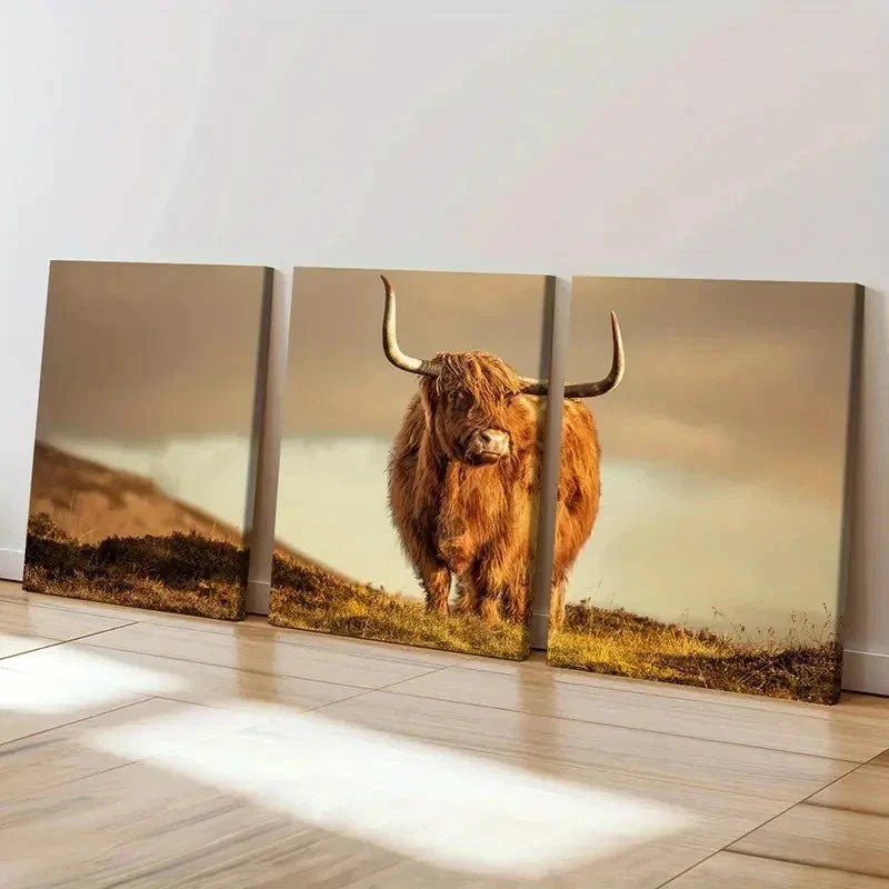 3pcs Plateau Highland Cattle Modern Wall Art Set Canvas Framed 60x90cm - High Quality Print 100% Australian Made Wall Canvas Ready to Hang