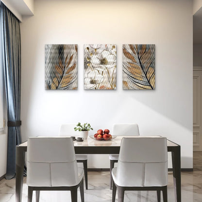3pcs Modern Abstract White Floral and Feathers Wall Art Set Canvas Framed 60x90cm - High Quality Print 100% Australian Made Wall Canvas Ready to Hang