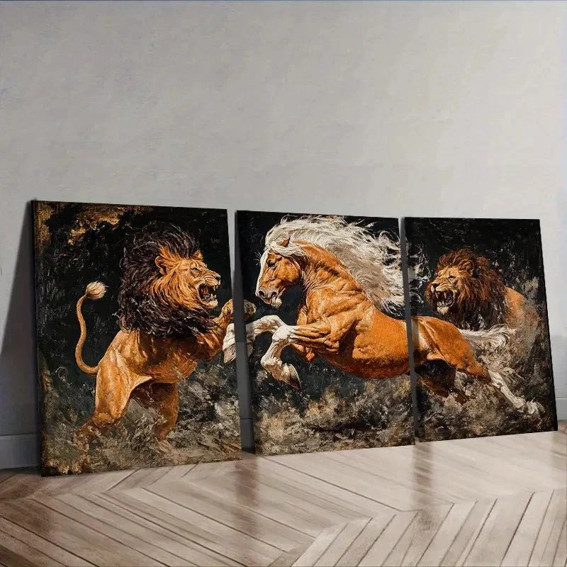 3pcs A lion attacking a horse Wall Art Set Canvas Framed 50x70cm - High Quality Print 100% Australian Made Wall Canvas Ready to Hang - Bella Home Decor