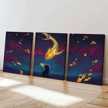 3pcs Fantasy Koi Fish And Black Cat Vintage Wall Art Set Canvas Framed 40x60cm - High Quality Print 100% Australian Made Wall Canvas Ready to Hang - Bella Home Decor