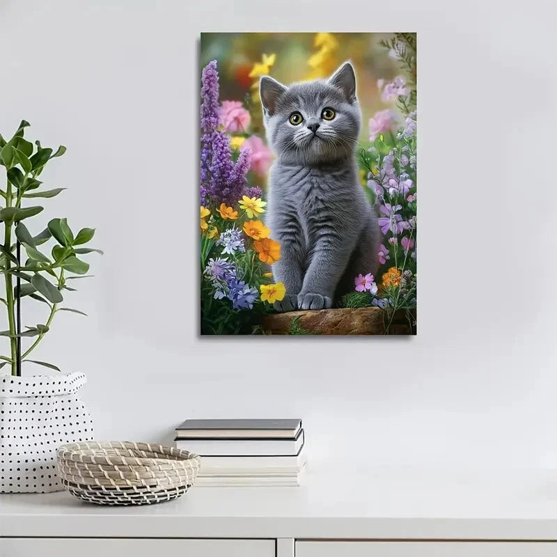 Adorable British Shorthair Kitten with Vibrant Flowers 40x60cm Metal Print Ready to Hang