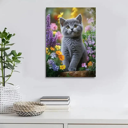 Adorable British Shorthair Kitten with Vibrant Flowers 40x60cm Metal Print Ready to Hang