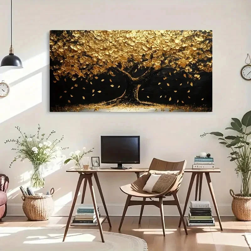Golden Leaves Autumn Nature Wall Art Canvas Office Home Room Framed 120x60cm